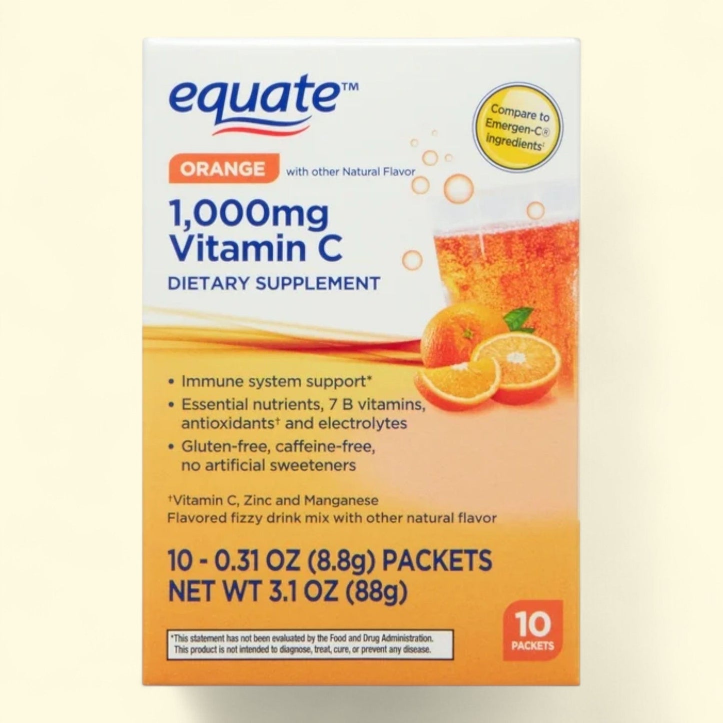 Equate Vitamin C Powder Packets, 1000 mg, Orange Flavor, 10 Count