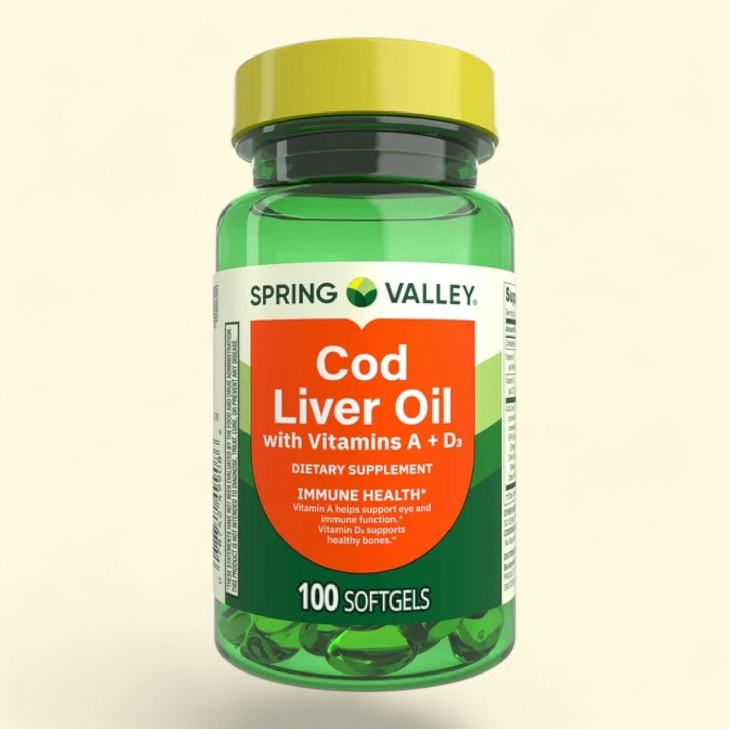 Spring Valley Cod Liver Oil plus Vitamins A & D3 Dietary Supplement Softgels, 100 Count