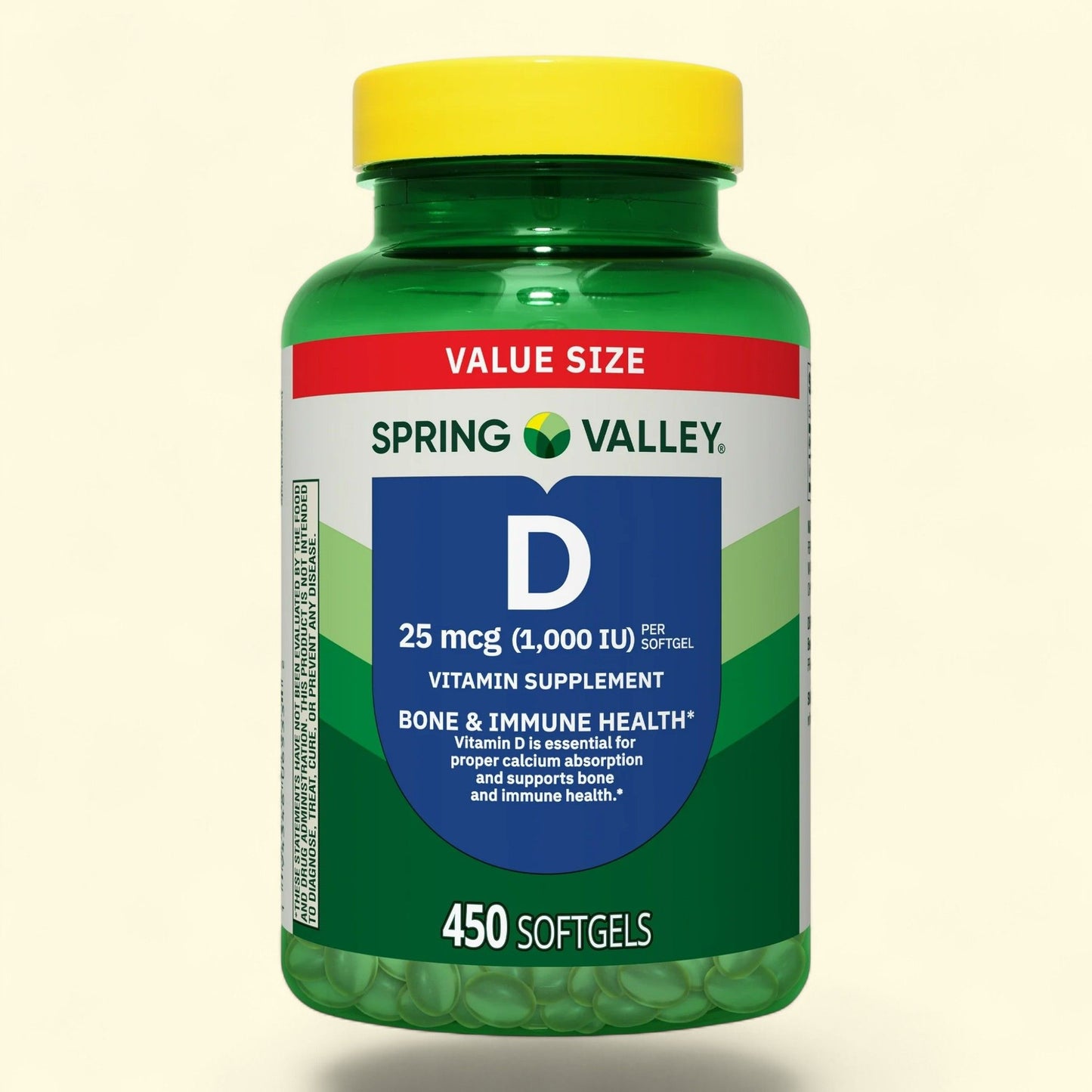 Spring Valley Vitamin D3 Supplement Softgels, 25 mcg (1000 IU), 450 Count.