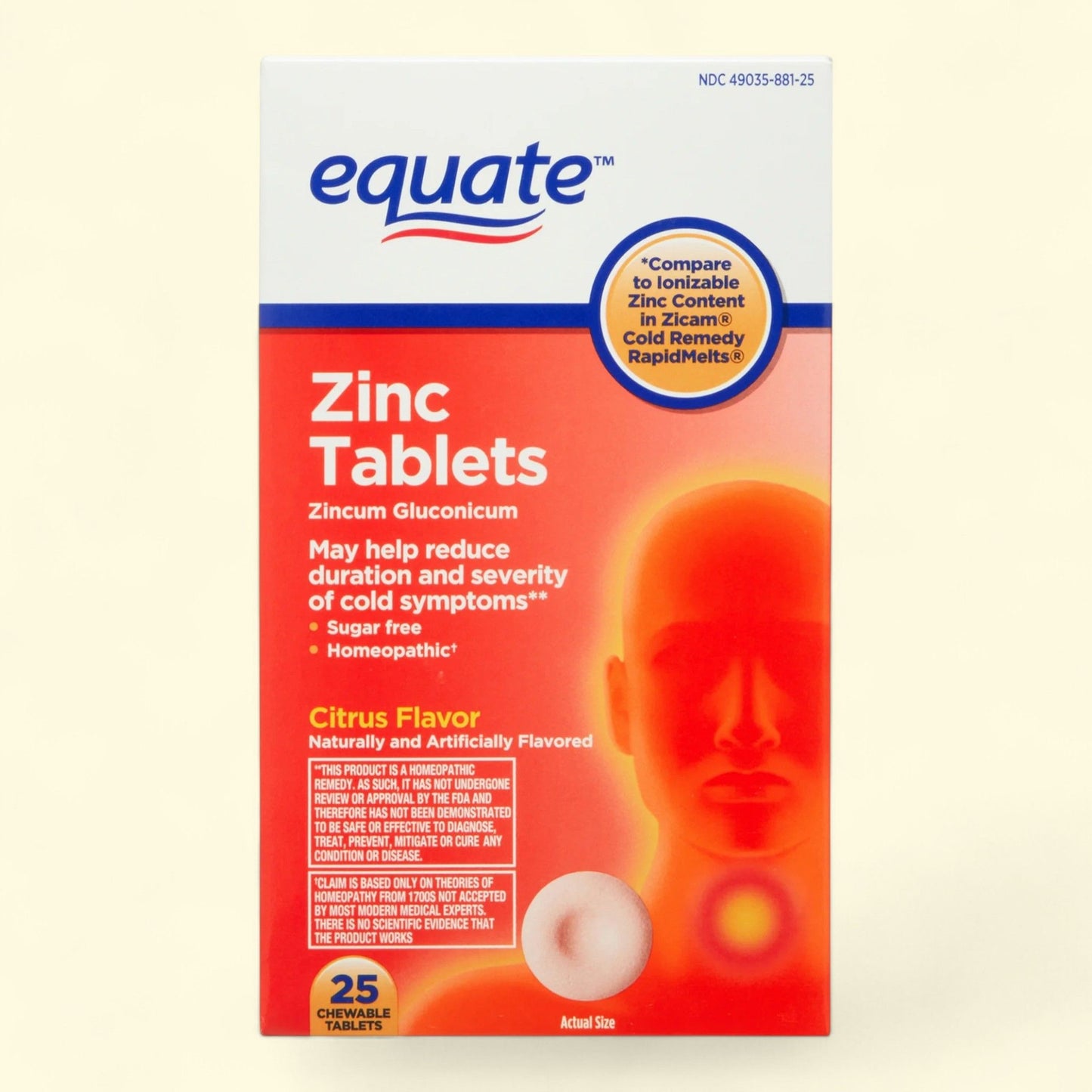 Equate Zinc Chewable Tablets, Citrus Flavor, 25 Count