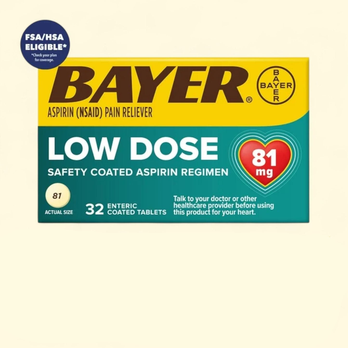 Bayer Aspirin Low Dose Pain Reliever Enteric Coated Tablets, 81mg, 32 Count
