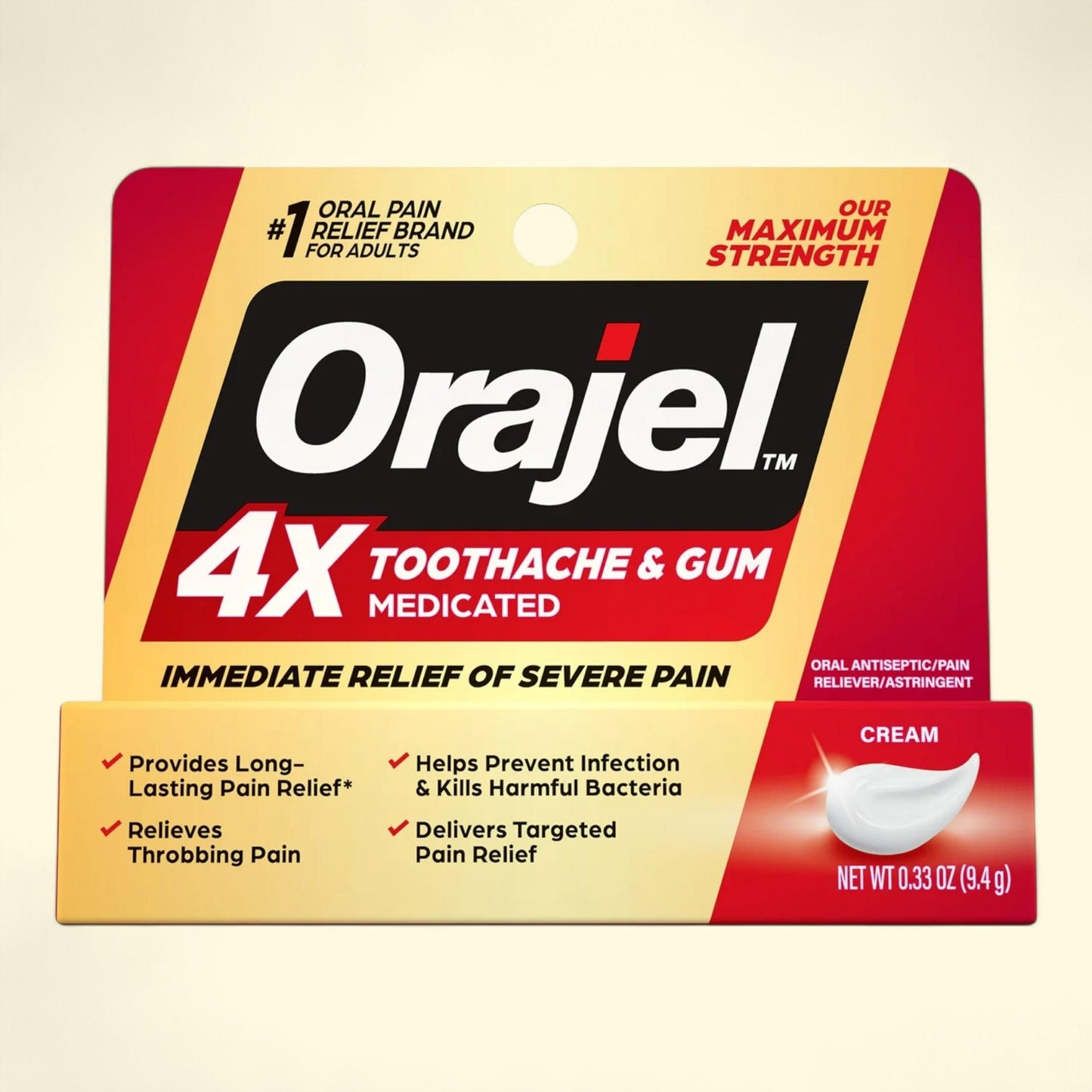 Orajel 4X Toothache & Gum Pain Cream Tube 0.33oz