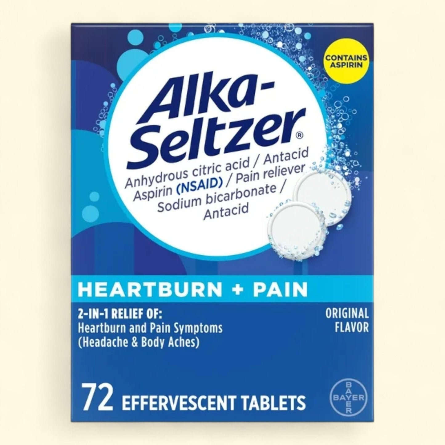 Alka-Seltzer Heartburn and Pain Relief, Aspirin + Antacid Effervescent Tablets, 72 Count