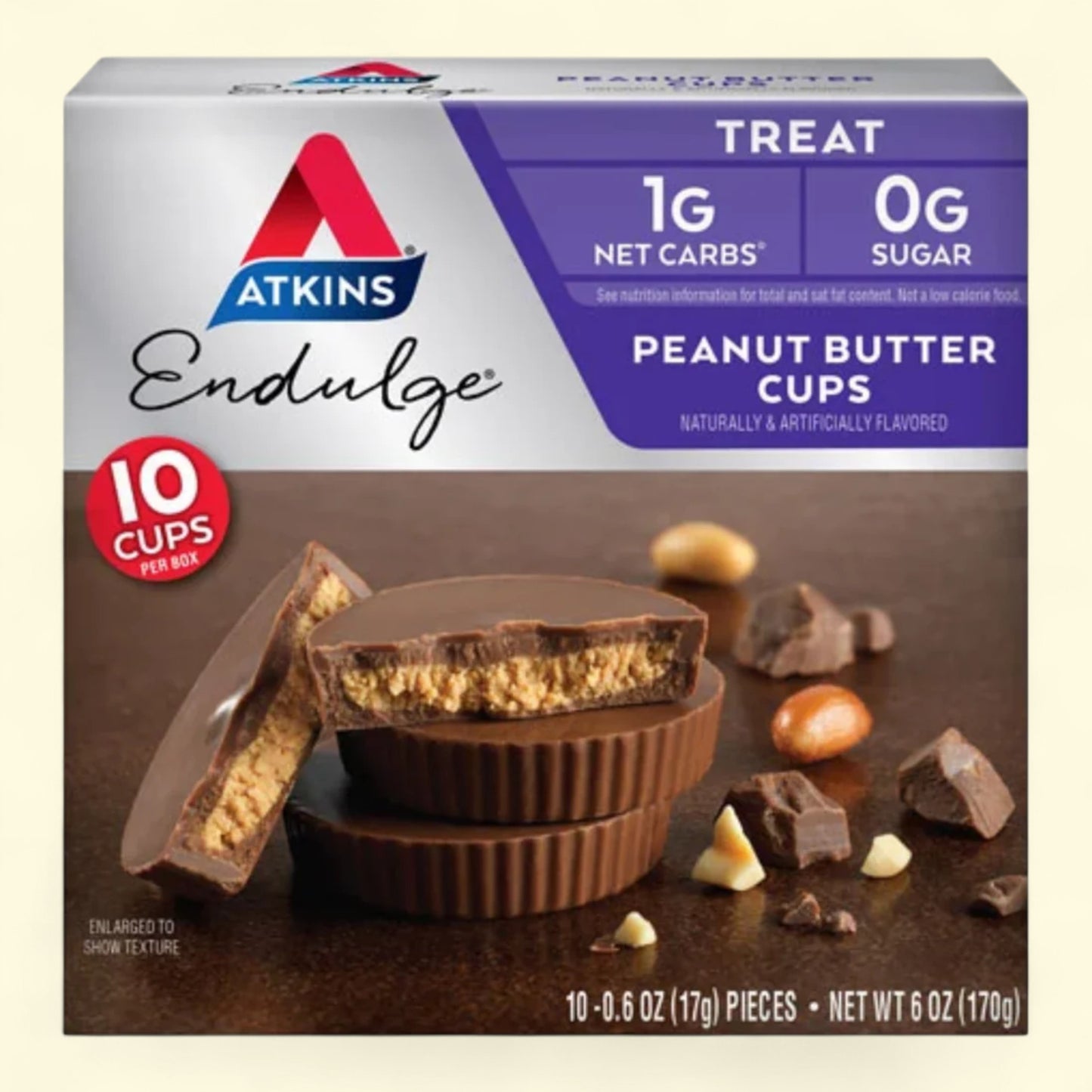 Box of Atkins Endulge Peanut Butter Cups with a close-up of the product on a brown background.
