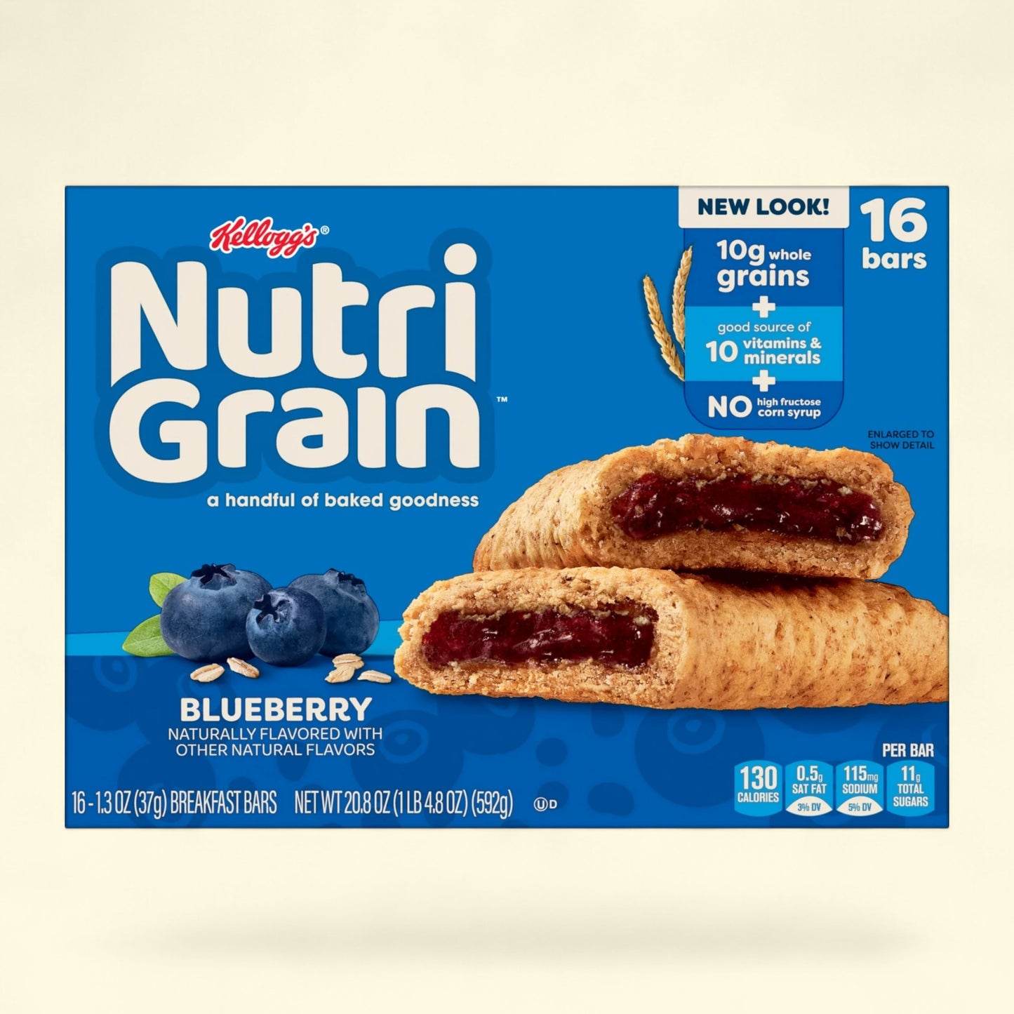 Box of Kellogg's Nutri-Grain Blueberry breakfast bars on a beige background