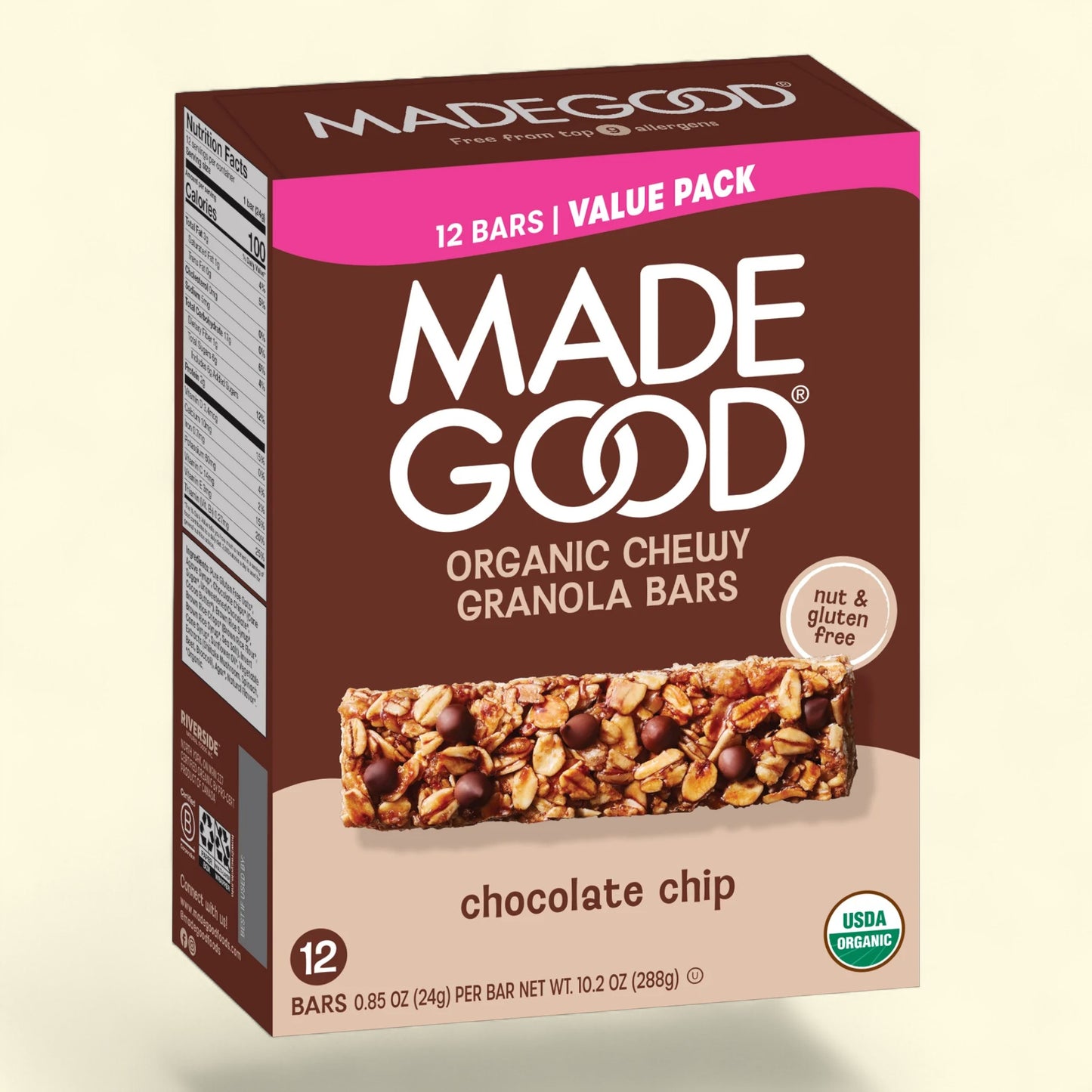Made Good organic chewy granola bars with chocolate chip flavor on a beige background