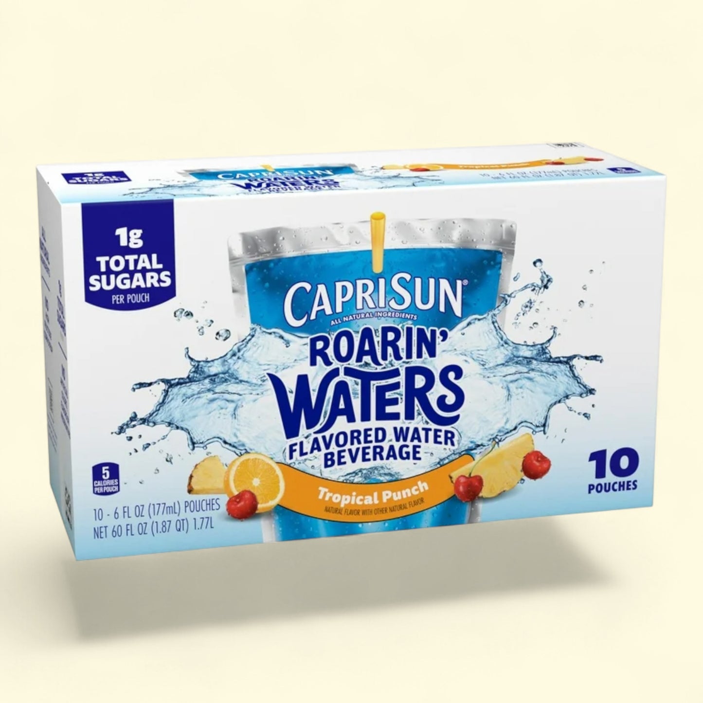Box of Capri Sun Roarin' Waters Tropical Punch flavored water beverage on a white background