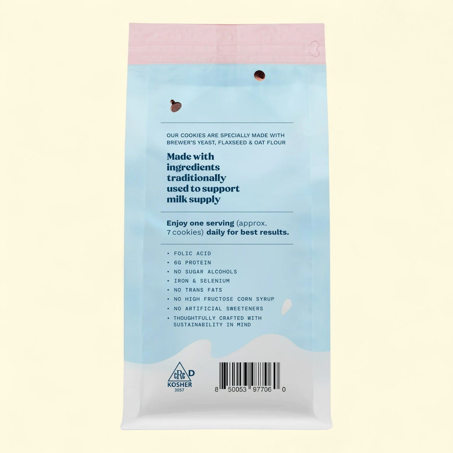 Back of a cookie package with text and a barcode on a light beige background