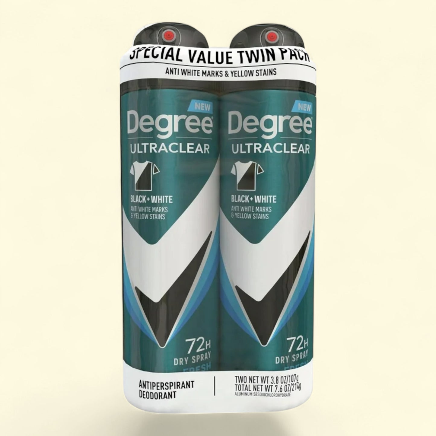 Two bottles of Degree UltraClear antiperspirant deodorant on a beige background