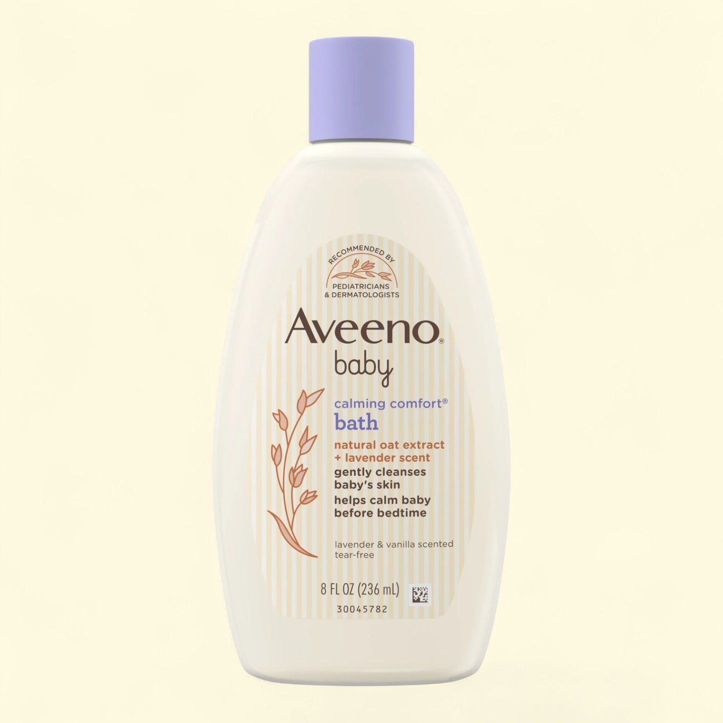 Aveeno baby calming comfort bath bottle on a light beige background