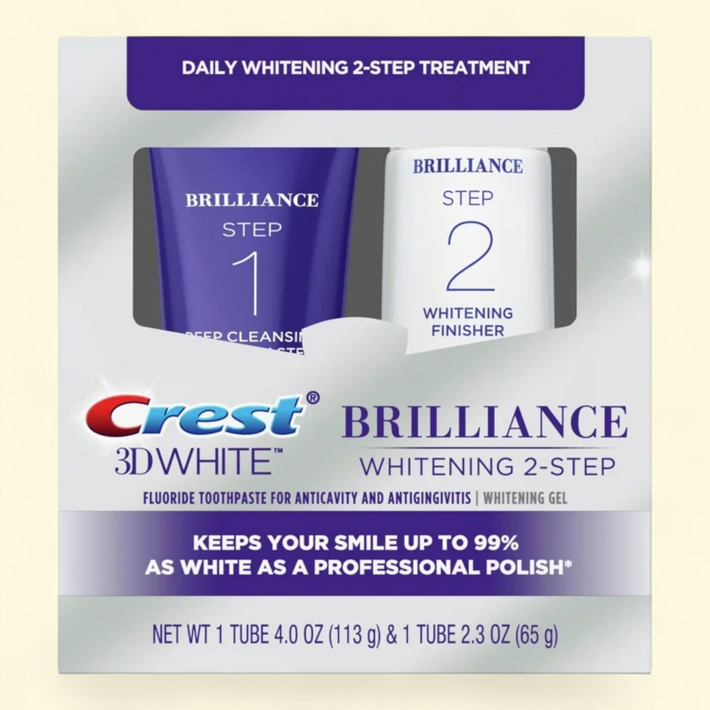 Crest 3D White Brilliance Whitening 2-Step treatment packaging on a beige background