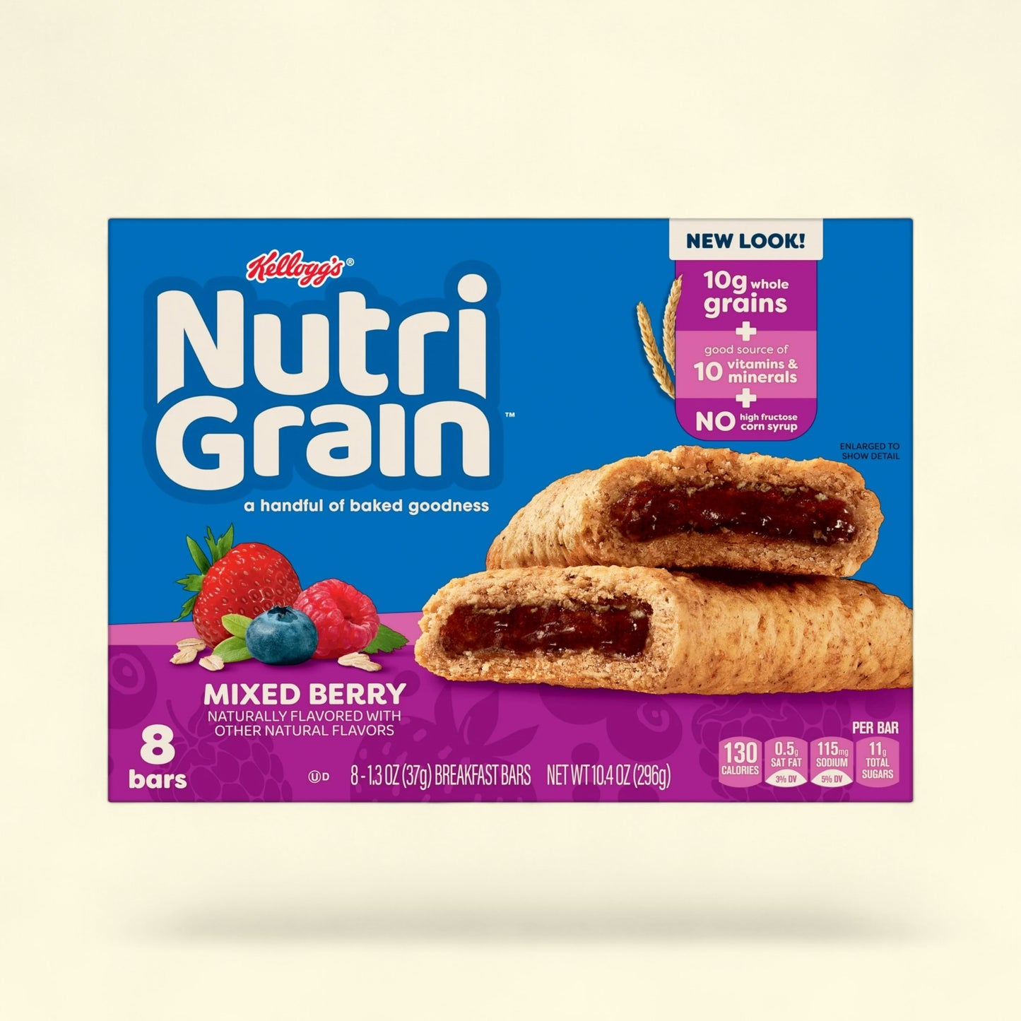 Box of Kellogg's Nutri-Grain Mixed Berry breakfast bars on a beige background
