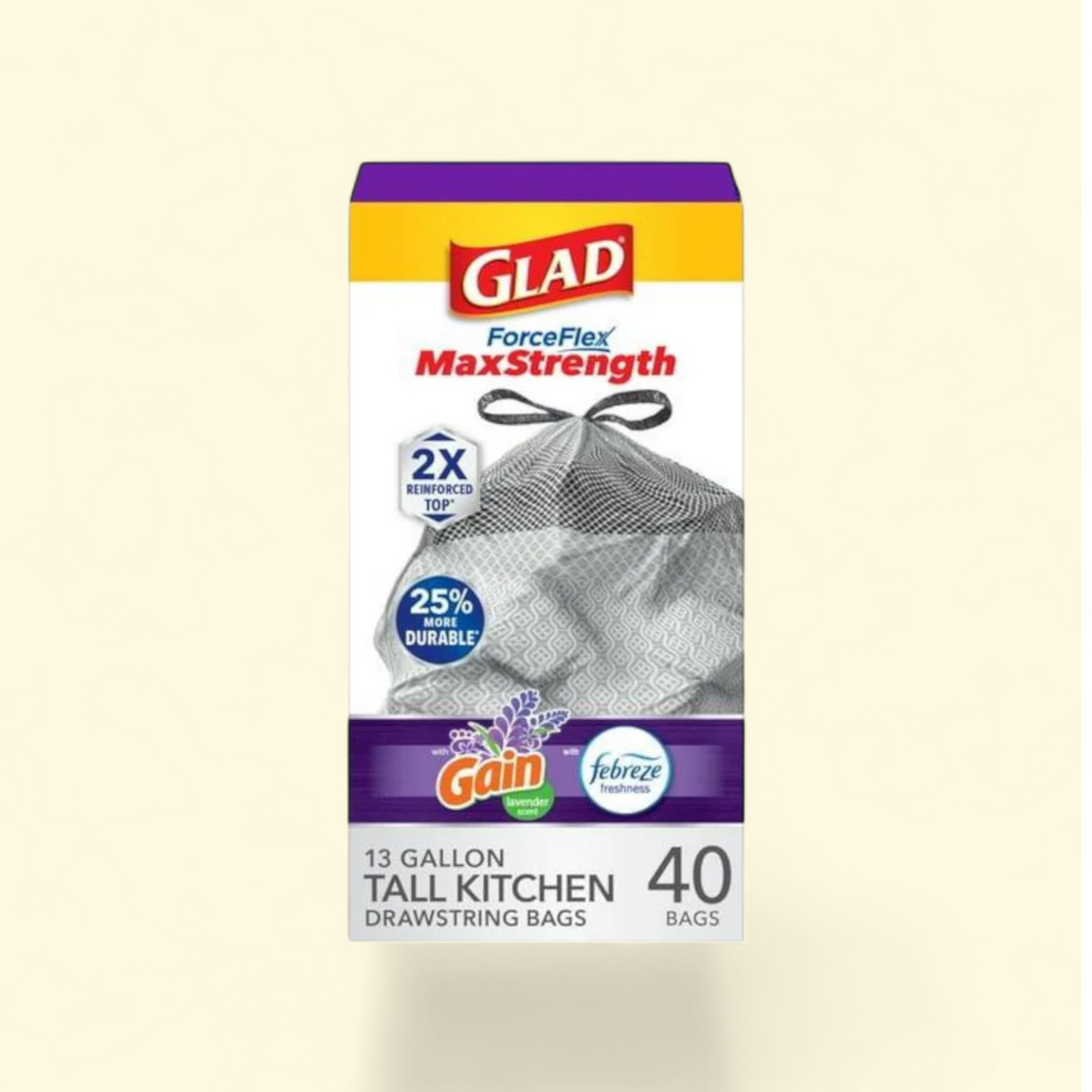 Glad ForceFlex MaxStrength Tall Kitchen Drawstring Trash Bags, 13 Gallon, 40 Count