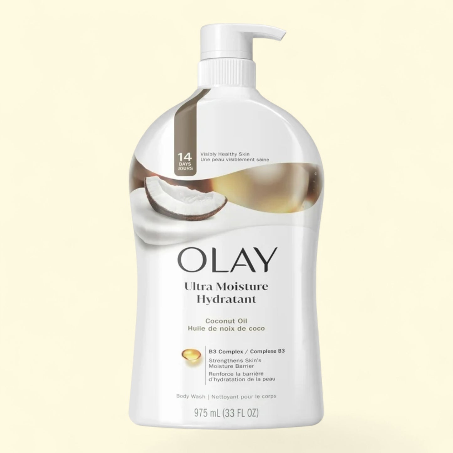 Olay Ultra Moisture Hydratant bottle with coconut oil on a beige background
