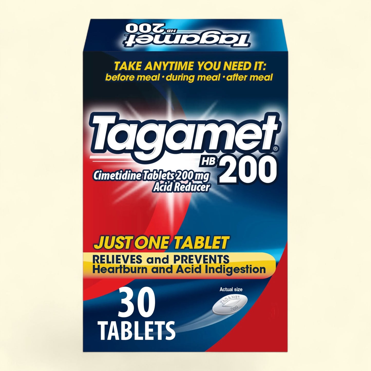Box of Tagamet HB 200 acid reducer tablets on a beige background