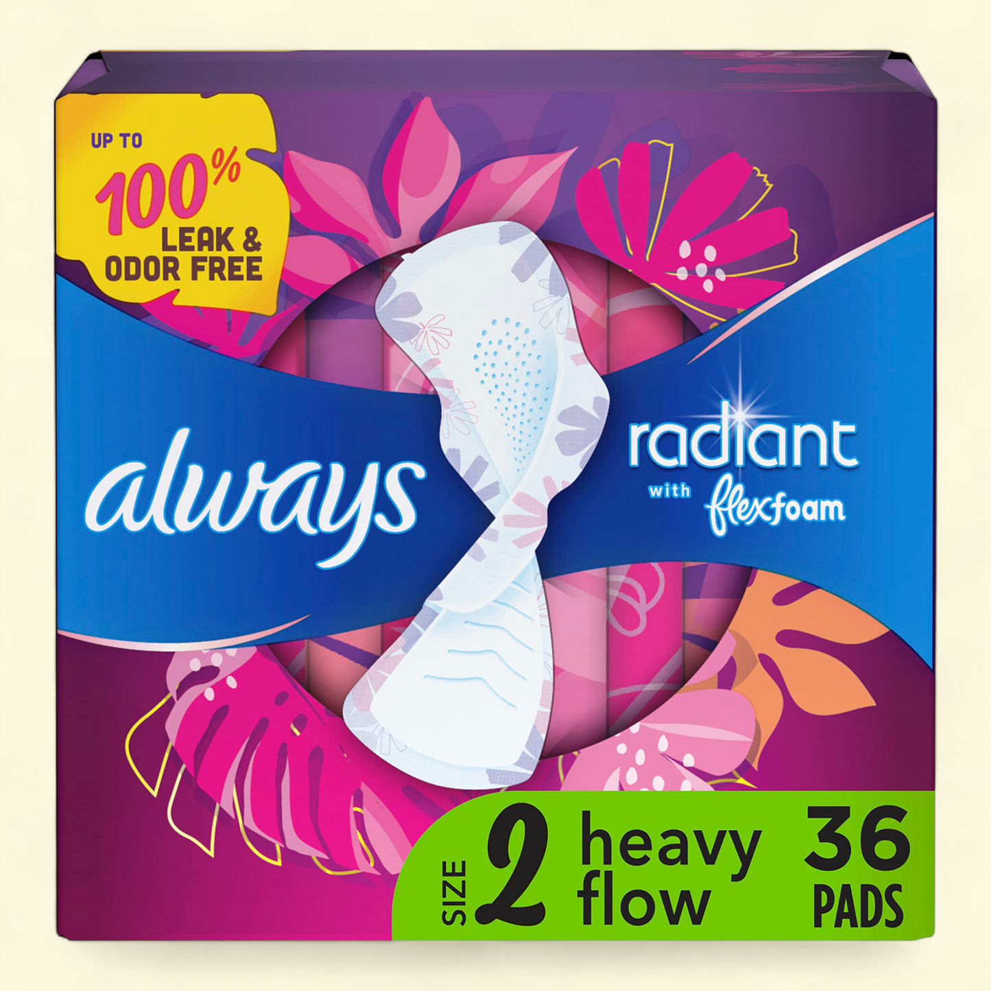 Always Radiant Feminine Pads with Wings, Size 2, 36 CT