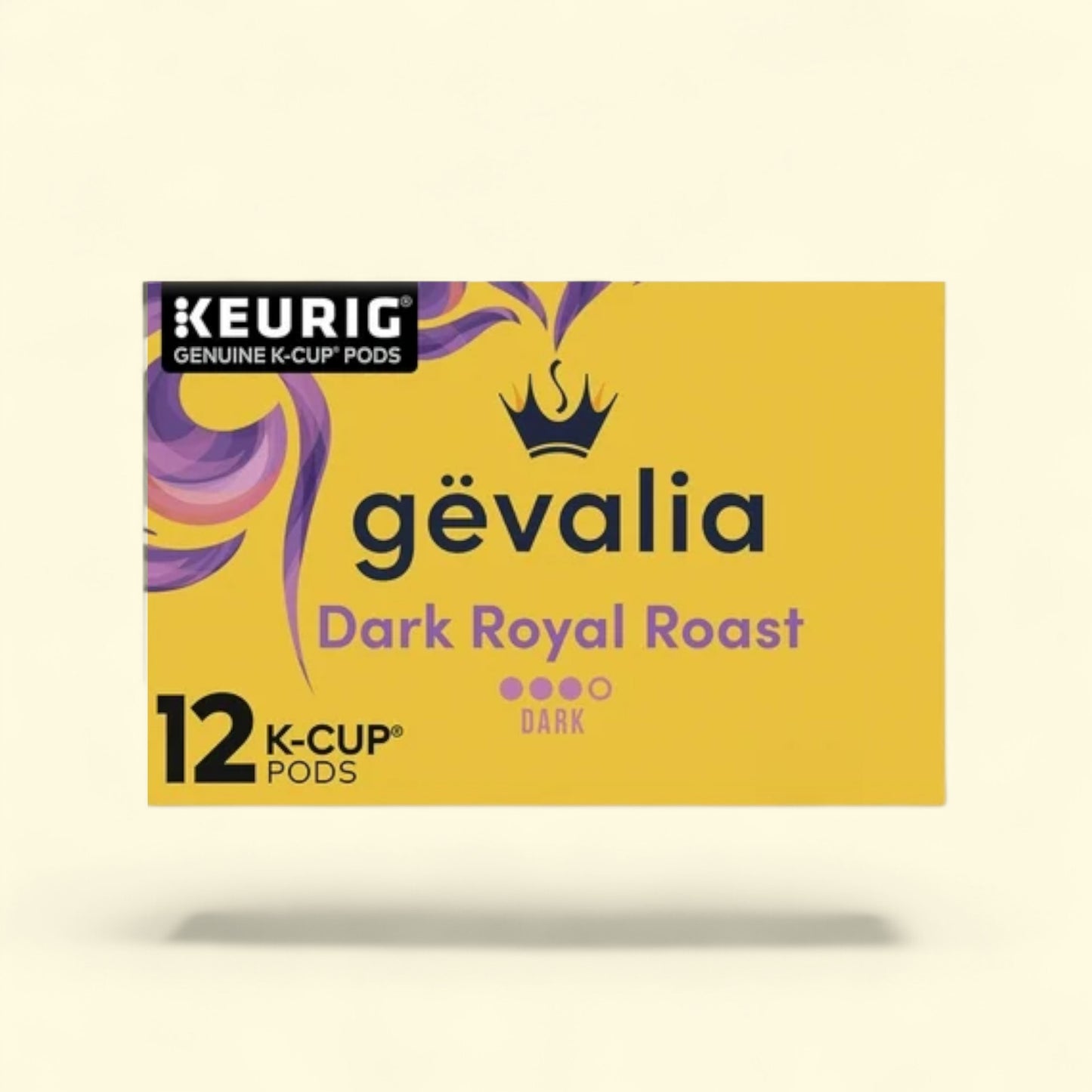 Gevalia Dark Royal Roast K-Cup pods packaging on a light yellow background