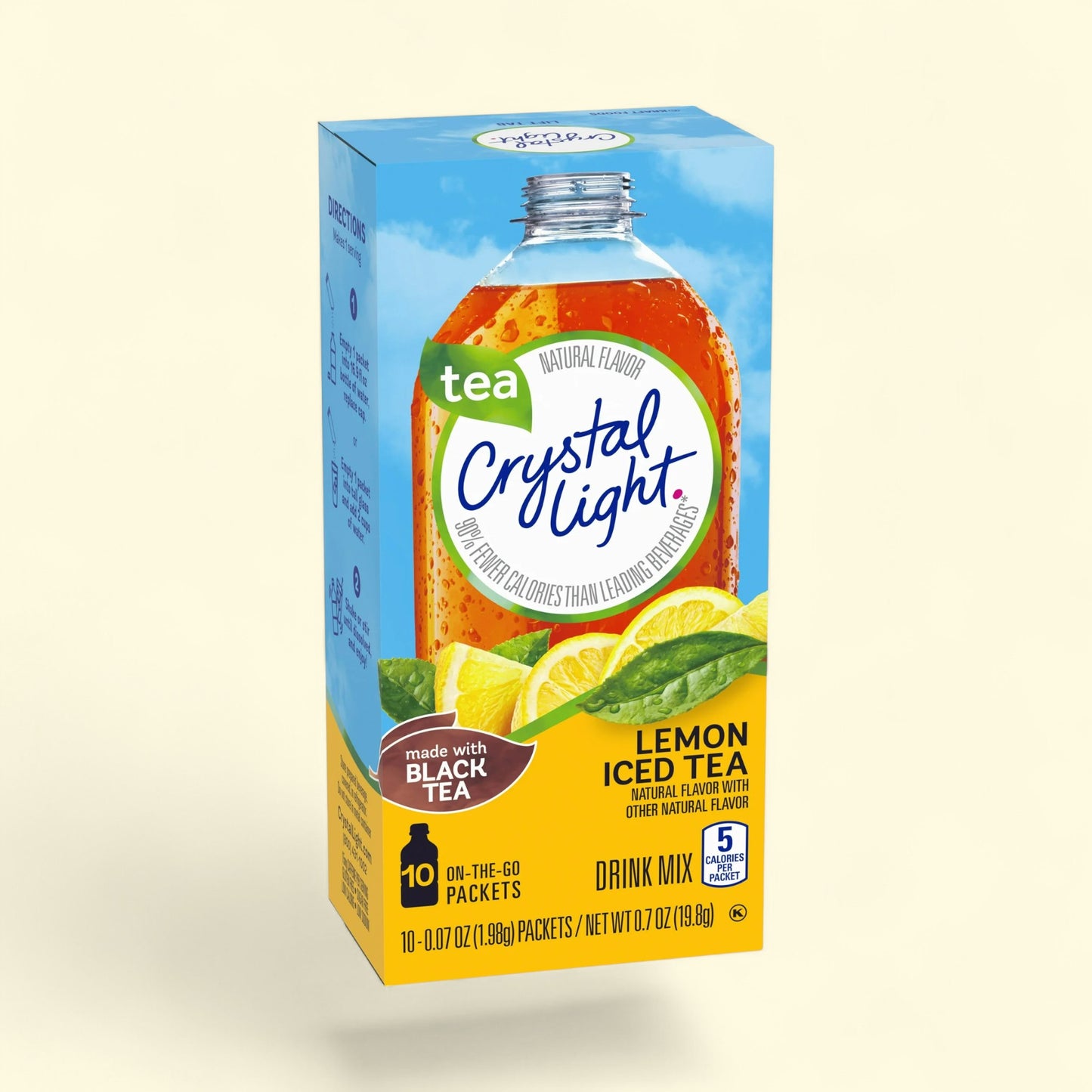 Box of Crystal Light Lemon Iced Tea drink mix on a beige background