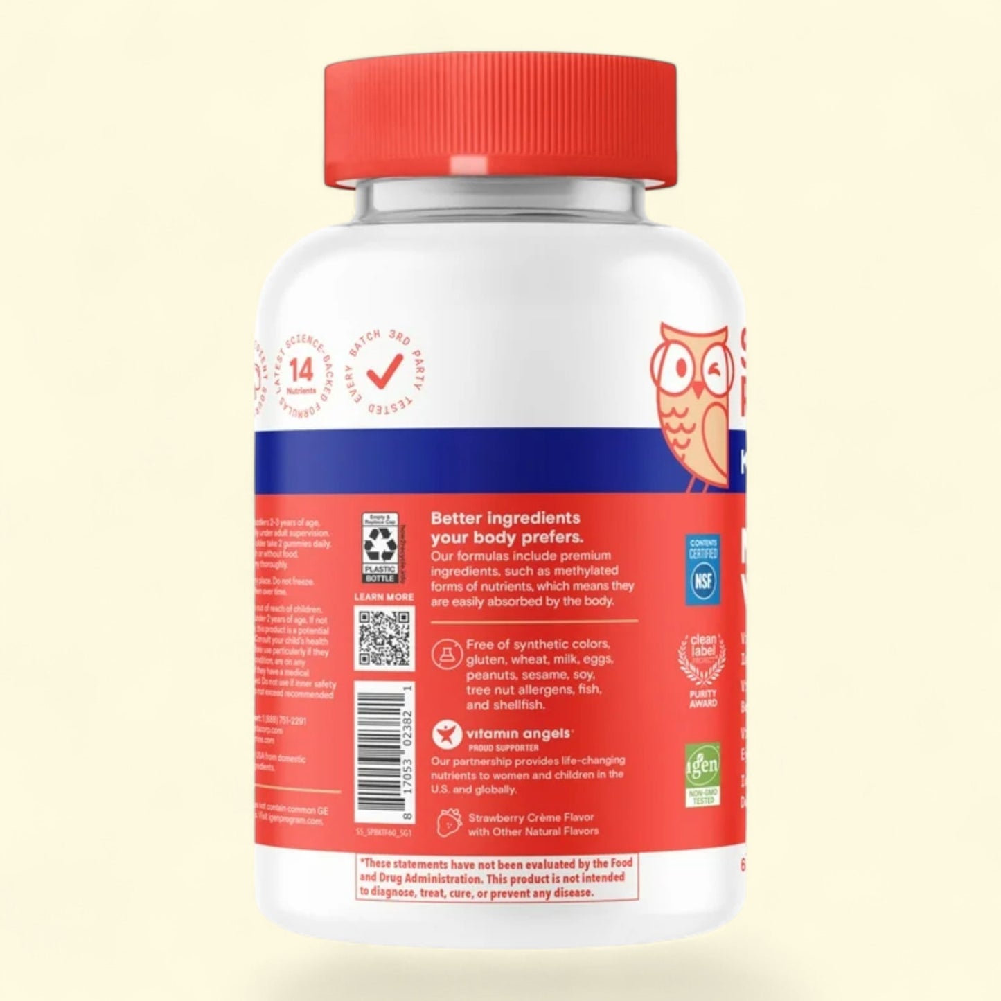 Supplement bottle with a red cap and label on a beige background