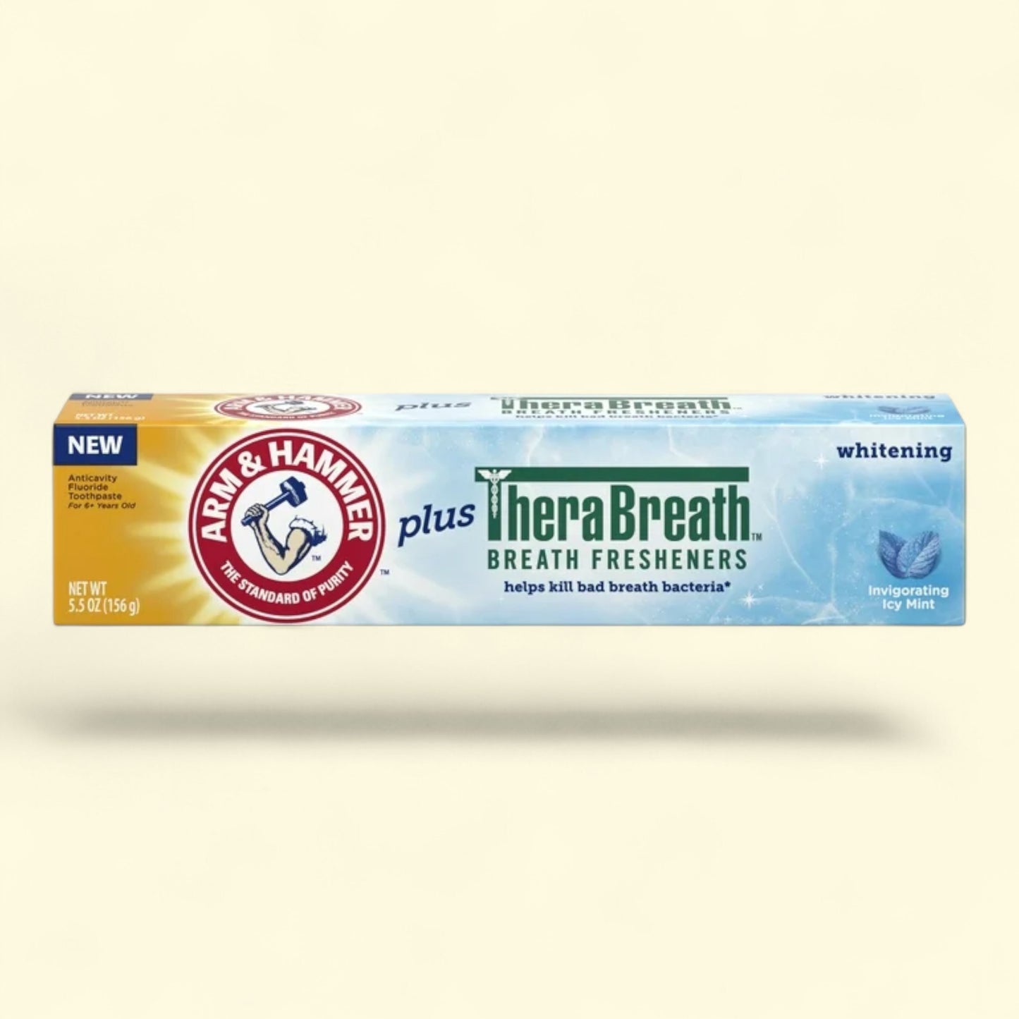 Arm & Hammer plus TheraBreath breath fresheners packaging on a beige background