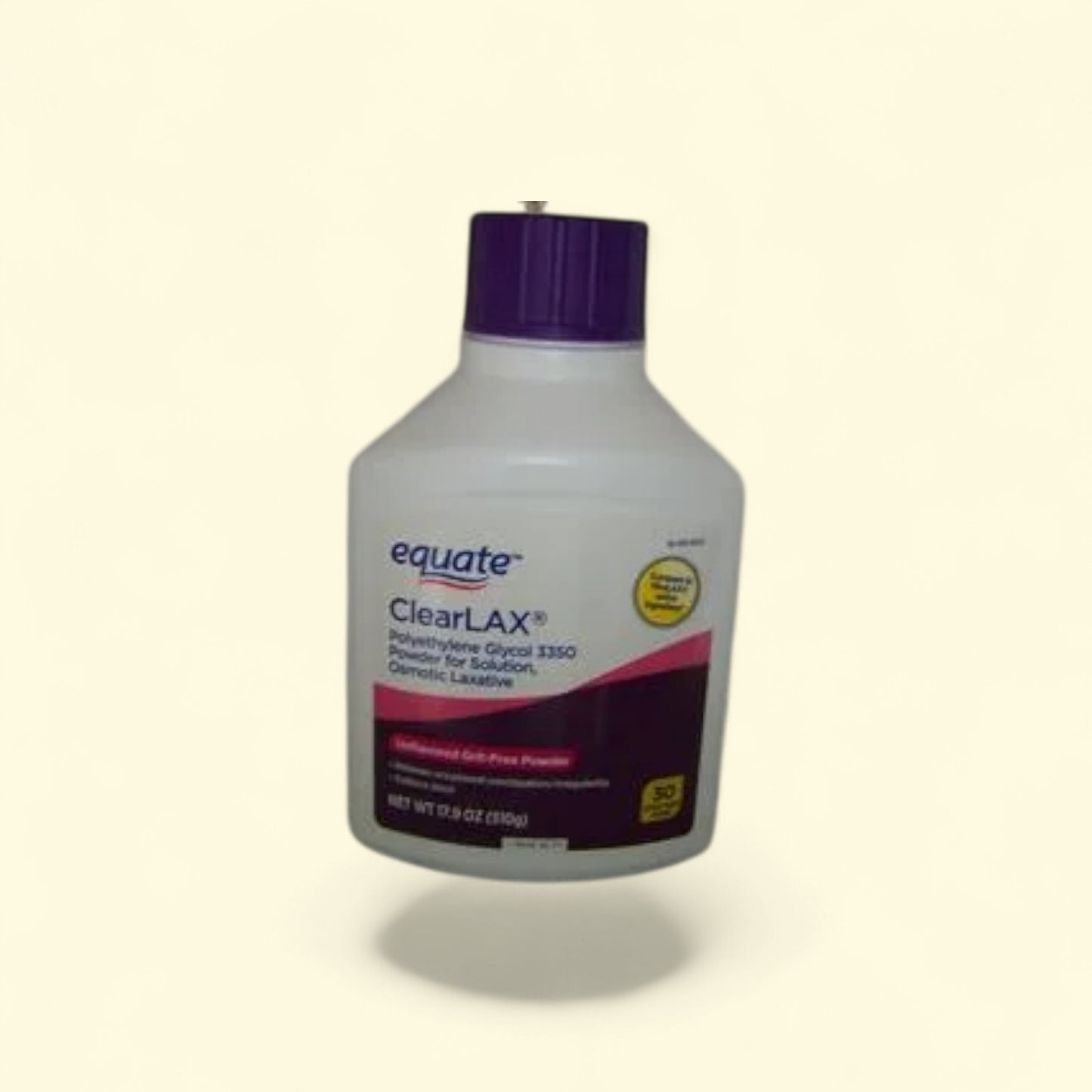Equate ClearLAX laxative bottle on a beige background