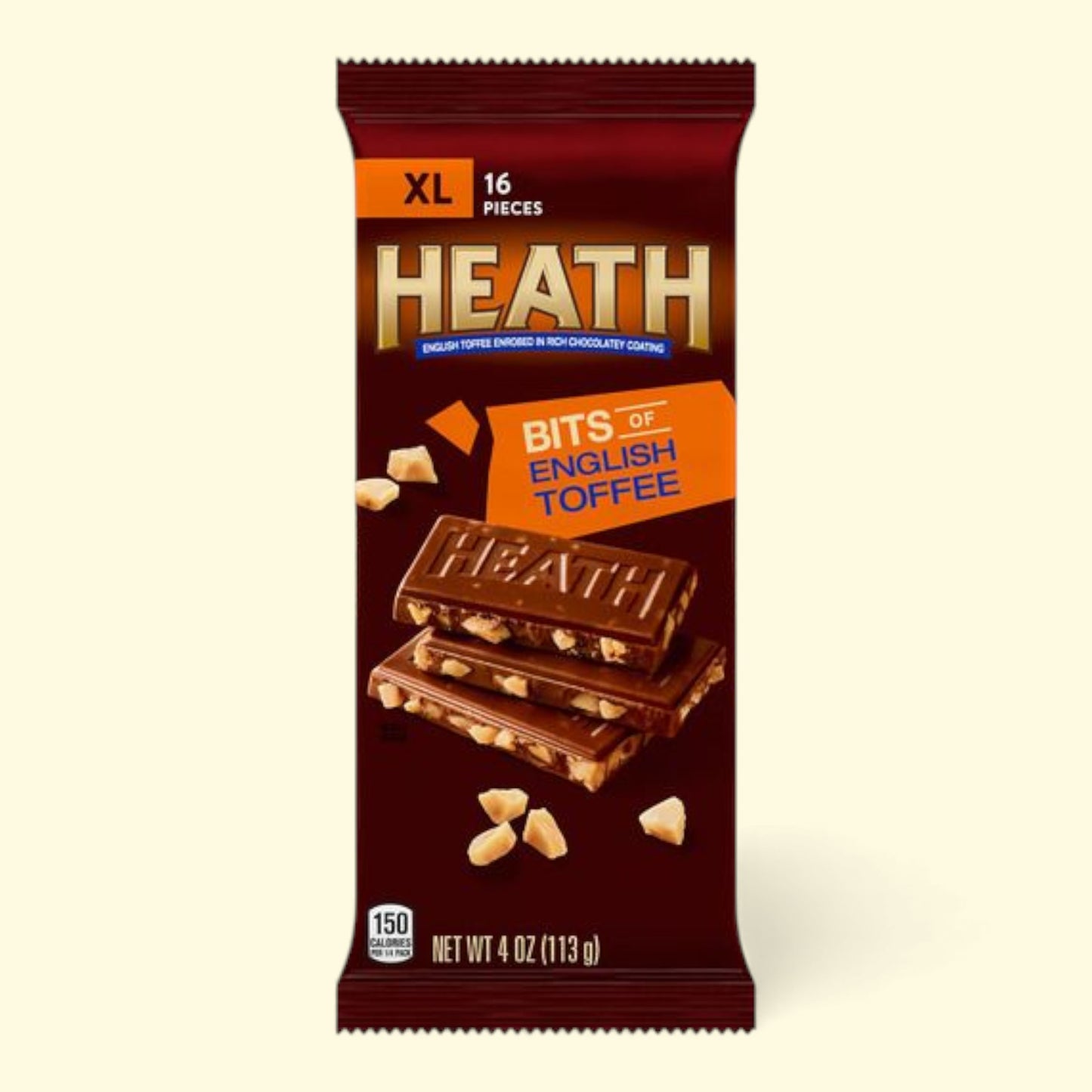 Heath Bits of English Toffee chocolate package on a beige background