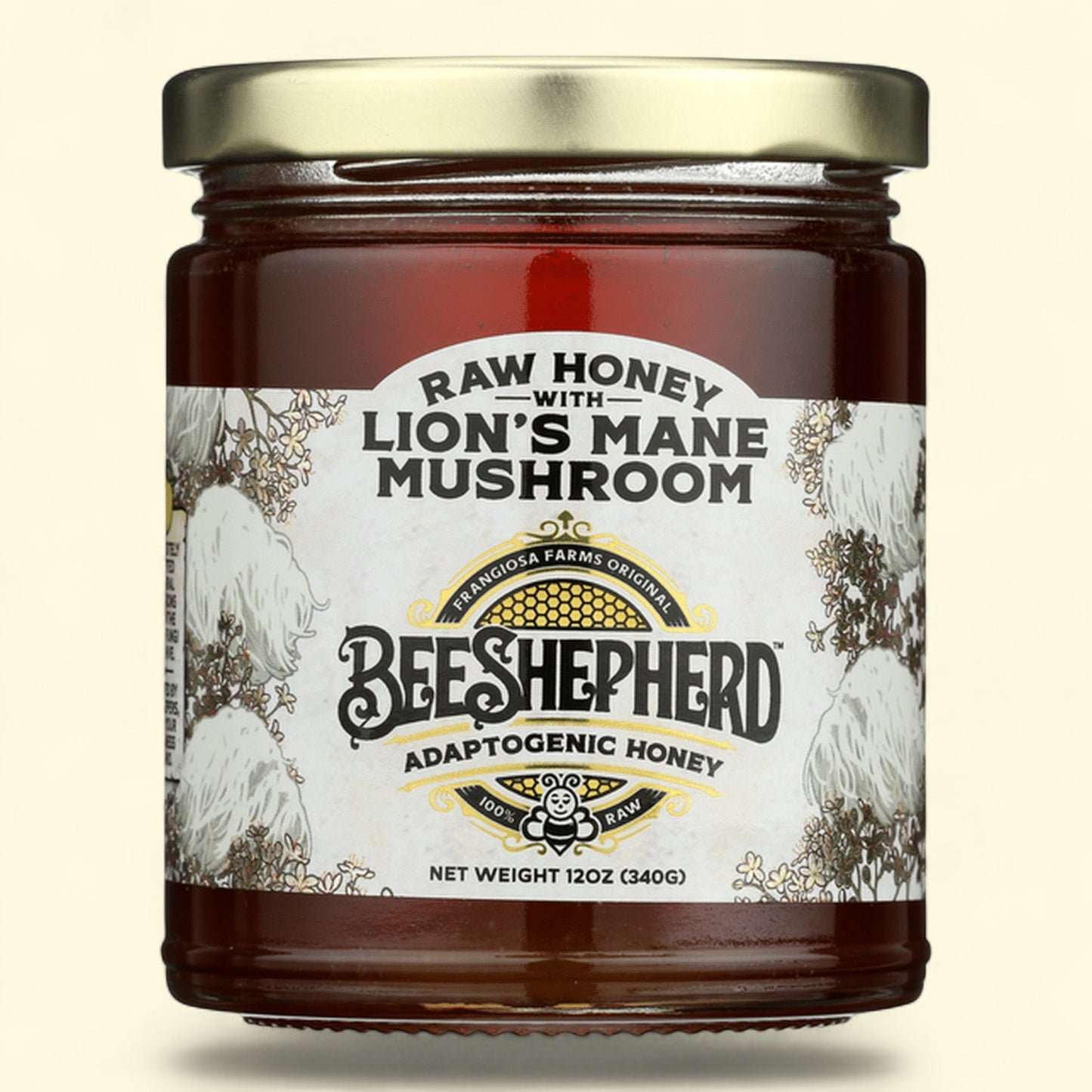 Jar of raw honey with lion's mane mushroom labeled 'Beeshepherd' on a beige background