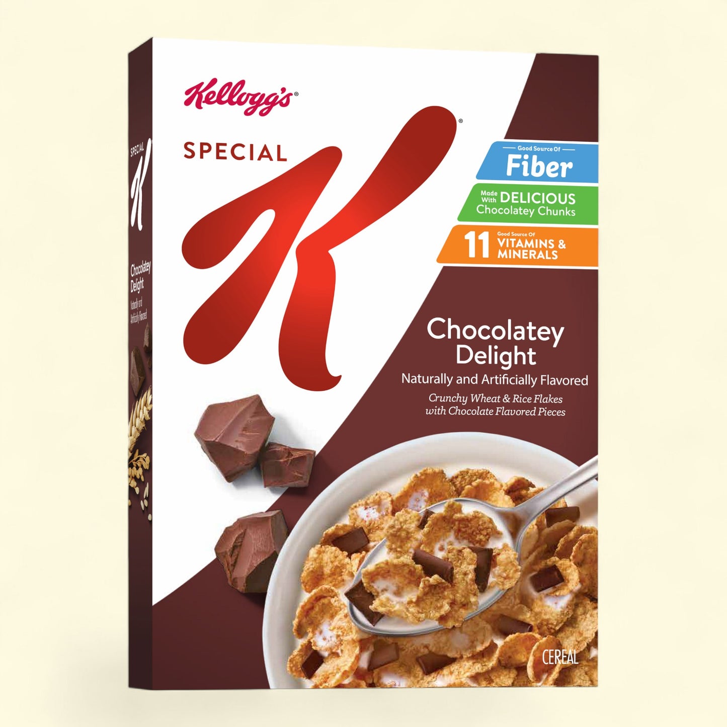 Kellogg's Special K Chocolatey Delight cereal box on a beige background