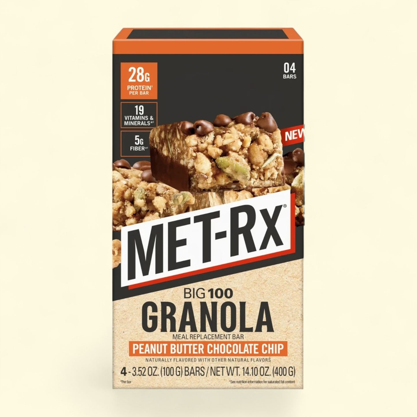 MET-RX Big 100 Granola Peanut Butter Chocolate Chip bars on a beige background