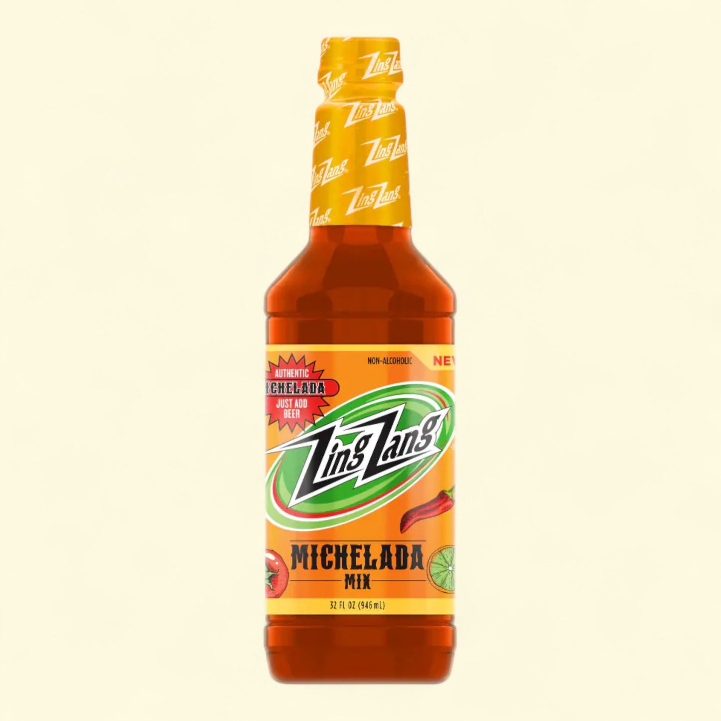 Bottle of Zing Zang Michelada Mix on a beige background