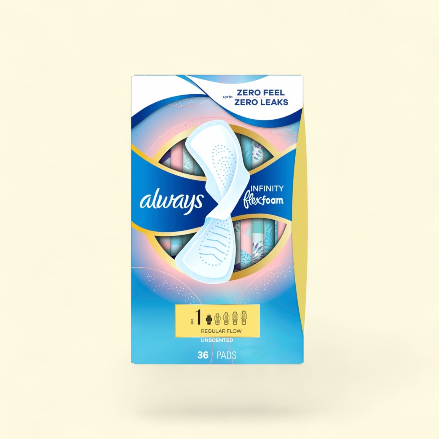 Treatspree Always Infinity FlexFoam Size 1 Regular Absorbency Unscented feminine pads with wings, 36 count.