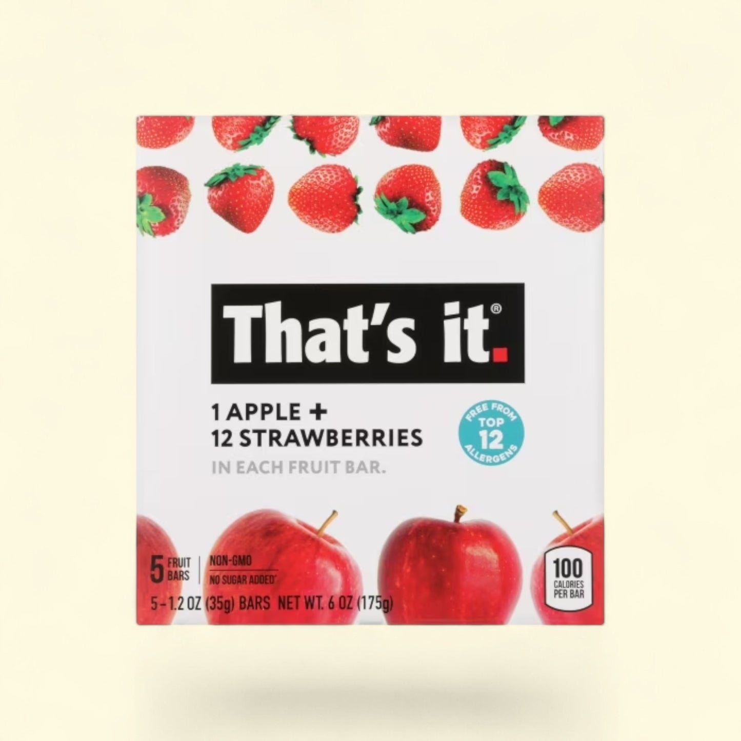 Treatspree That's It Apple and Strawberry Nutrition Bars, 5ct. Made with 1 apple and 12 strawberries per bar. No sugar added.