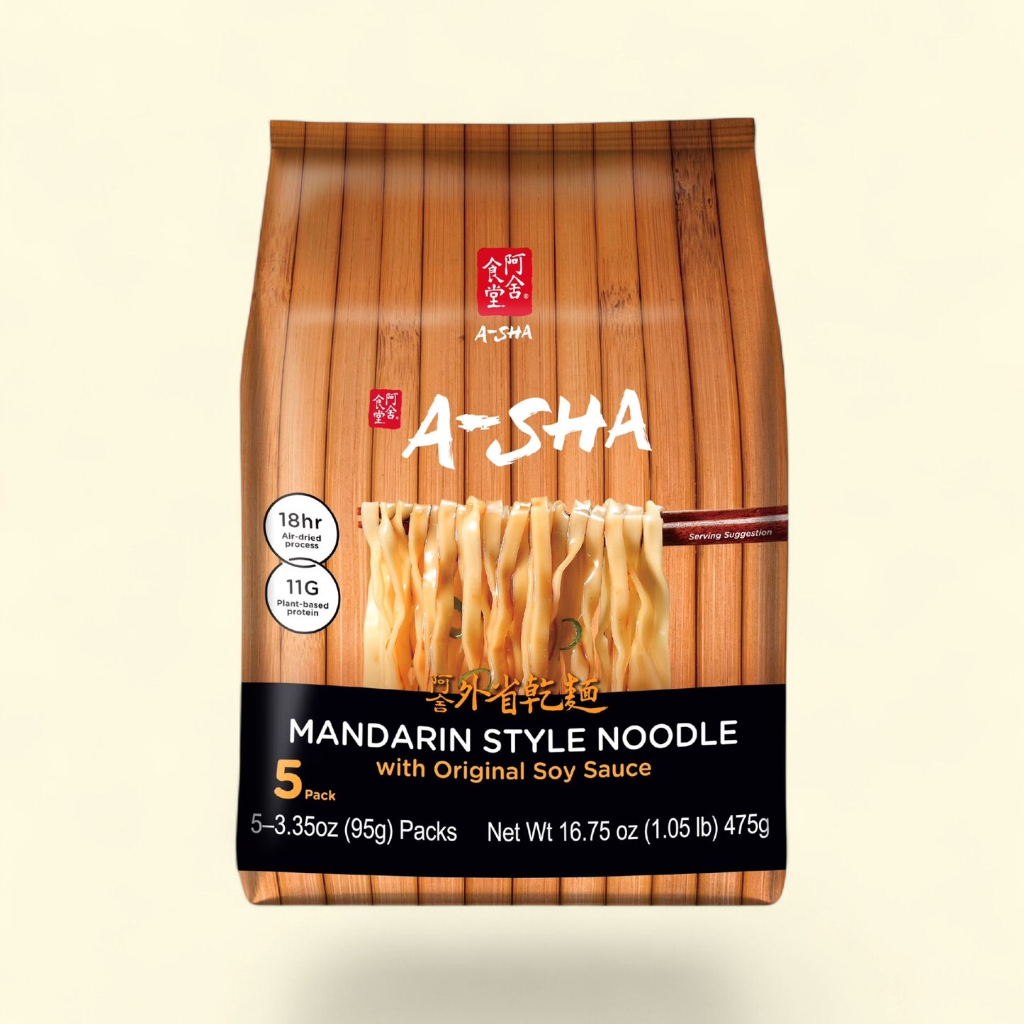 Treatspree Asha Mandarin Ramen Noodles, medium width, 5-count pack with original soy sauce, air-dried process, 11g plant-based protein.