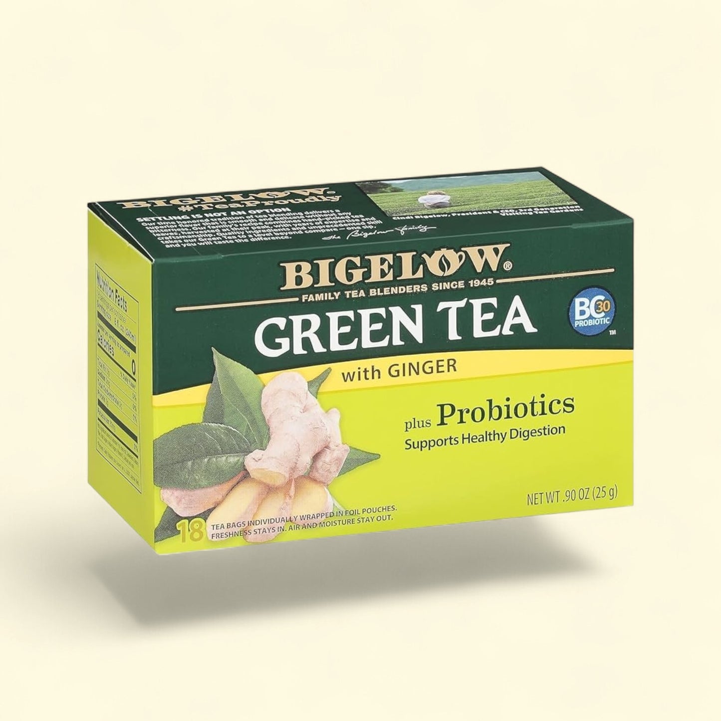 Treatspree Bigelow Green Tea with Ginger Plus Probiotics, 18 individually wrapped tea bags, supports healthy digestion.