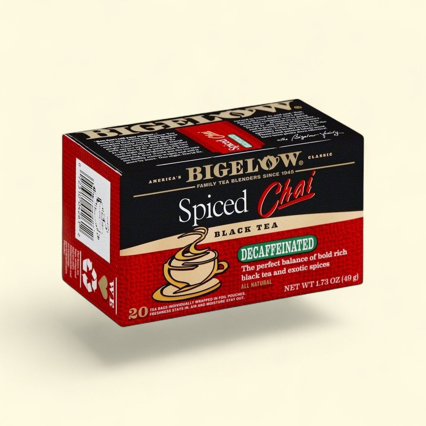Treatspree Bigelow Spiced Chai Decaffeinated Black Tea, 20 tea bags individually wrapped in foil pouches.