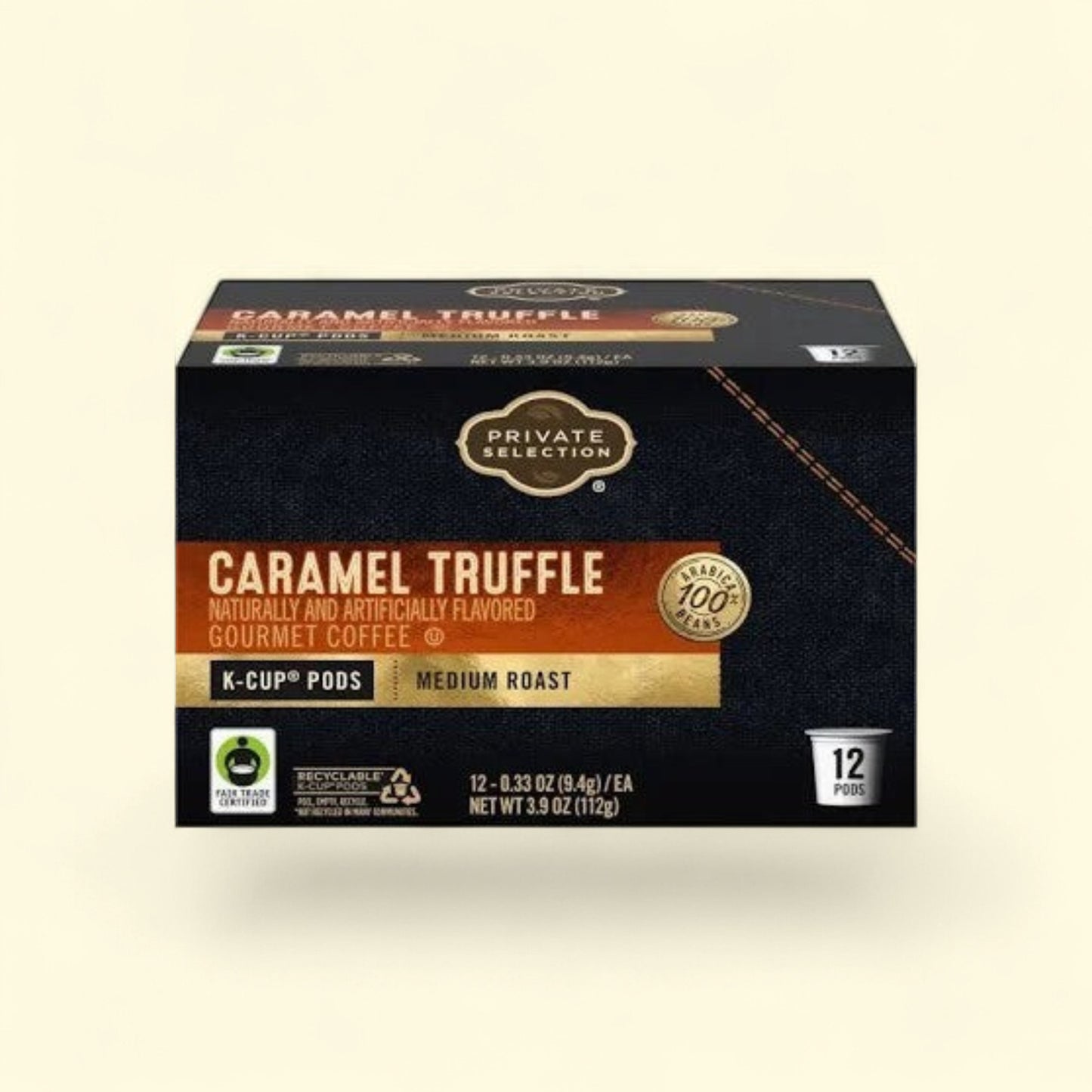 Treatspree Private Selection Caramel Truffle medium roast K-Cup pods, 12 count, 100% Arabica beans, Fair Trade Certified.
