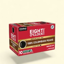 Treatspree Eight O'Clock Colombian Peaks Coffee K-Cup Pods, medium roast, 10 count box with 100% Arabica beans.