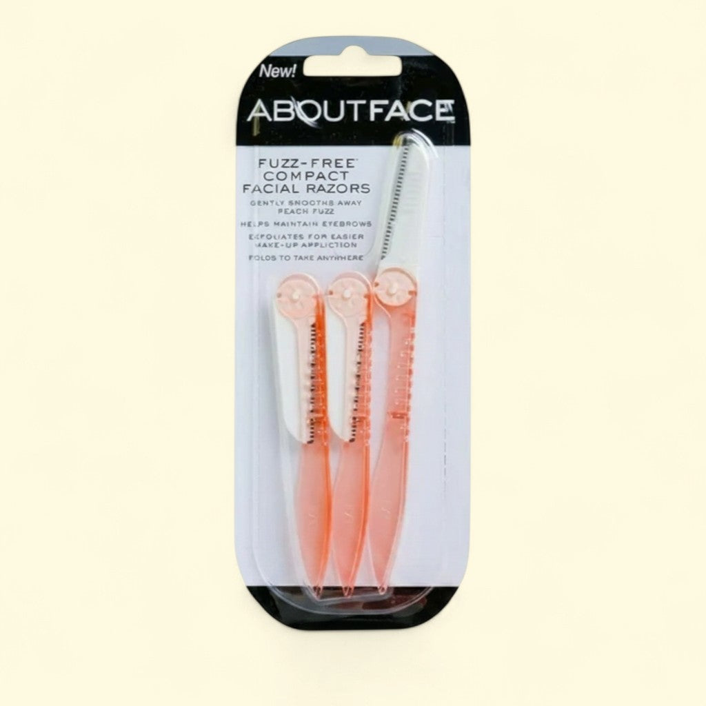 Treatspree About Face 3-count peach facial razors with folding handles for dermaplaning and eyebrow grooming.