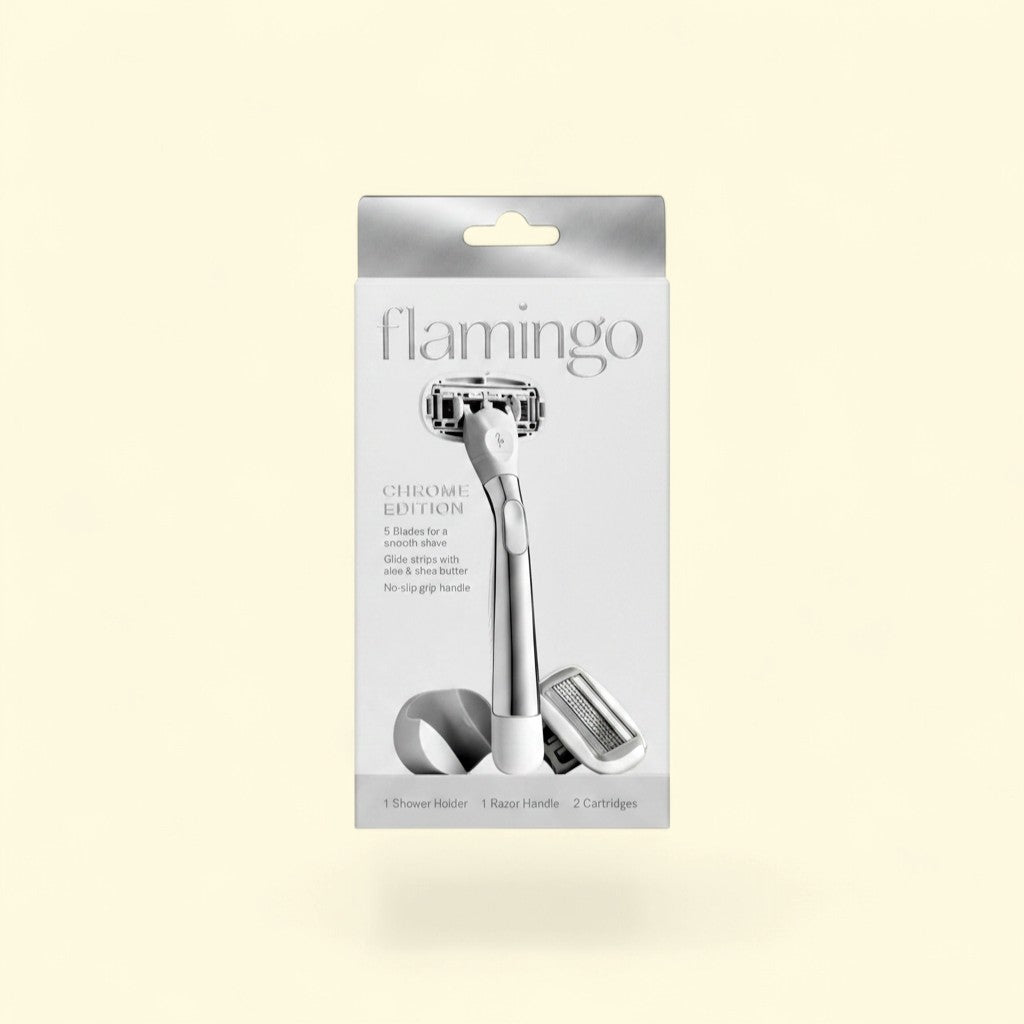 Treatspree Flamingo Chrome Edition 4-piece shaving set with ergonomic handle, 5-blade razor, and shower holder.