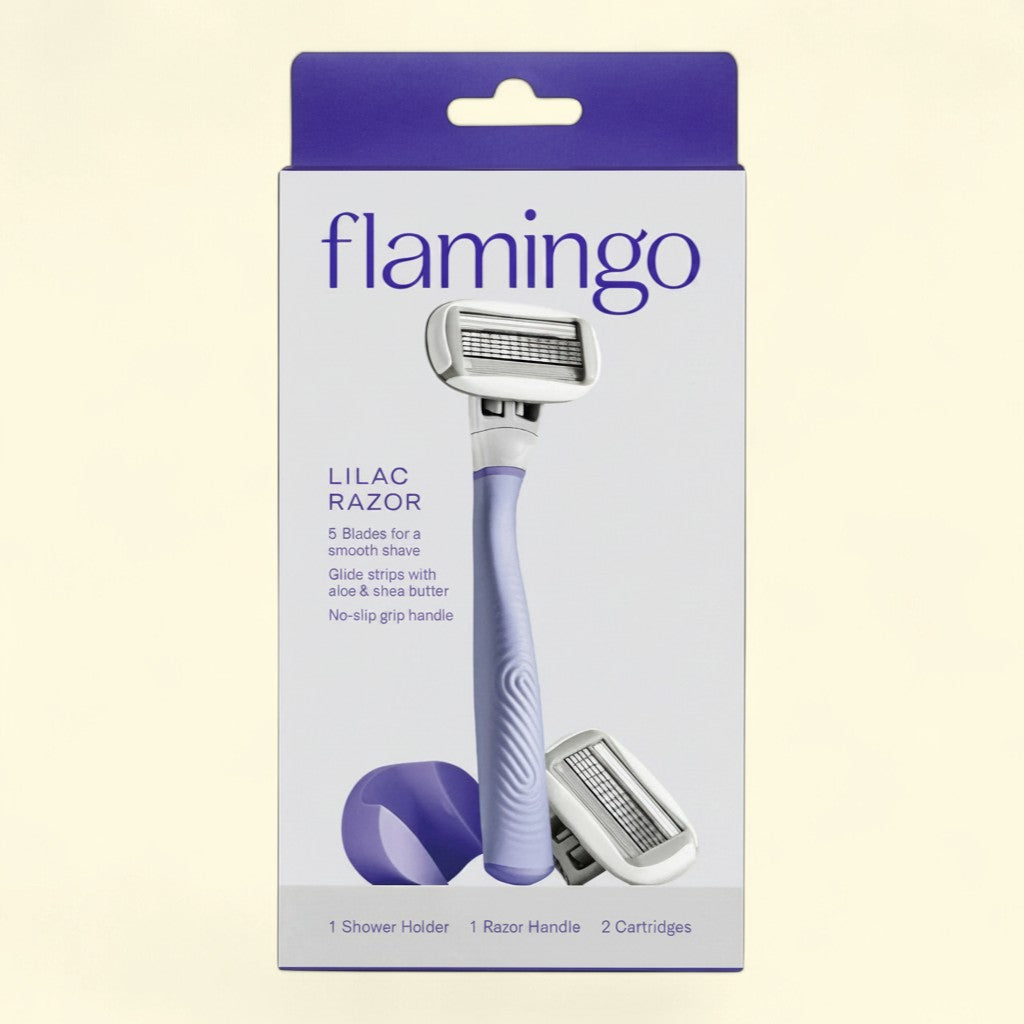 Treatspree Flamingo Women's Razor Shaving Set in lilac. 4-piece set with 5-blade razor, 2 cartridges, and shower holder. Ergonomic grip.