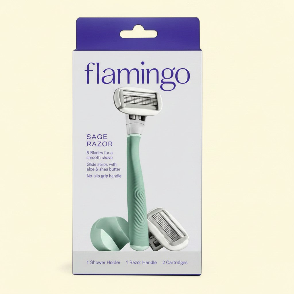 Treatspree Flamingo Sage Razor Set with 5 stainless steel blades, aloe & shea butter glide strips, and no-slip grip handle.