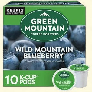 Treatspree Green Mountain Coffee Roasters Wild Mountain Blueberry light roast K-Cup coffee pods, 10 count box with close-up of blueberries.