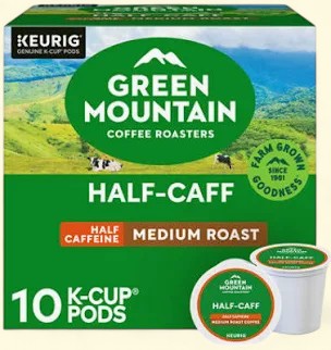 Treatspree Green Mountain Coffee Roasters Half Caff Medium Roast K-Cup Coffee Pods, 10 count, hazelnut flavor.