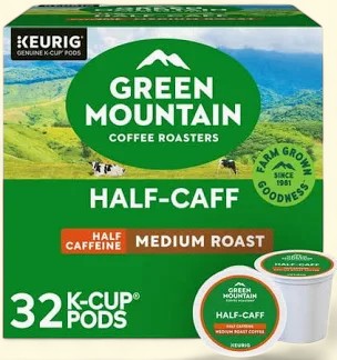 Treatspree Green Mountain Coffee Roasters Half Caff Medium Roast K-Cup Coffee Pods, 32 count box with two pods shown.