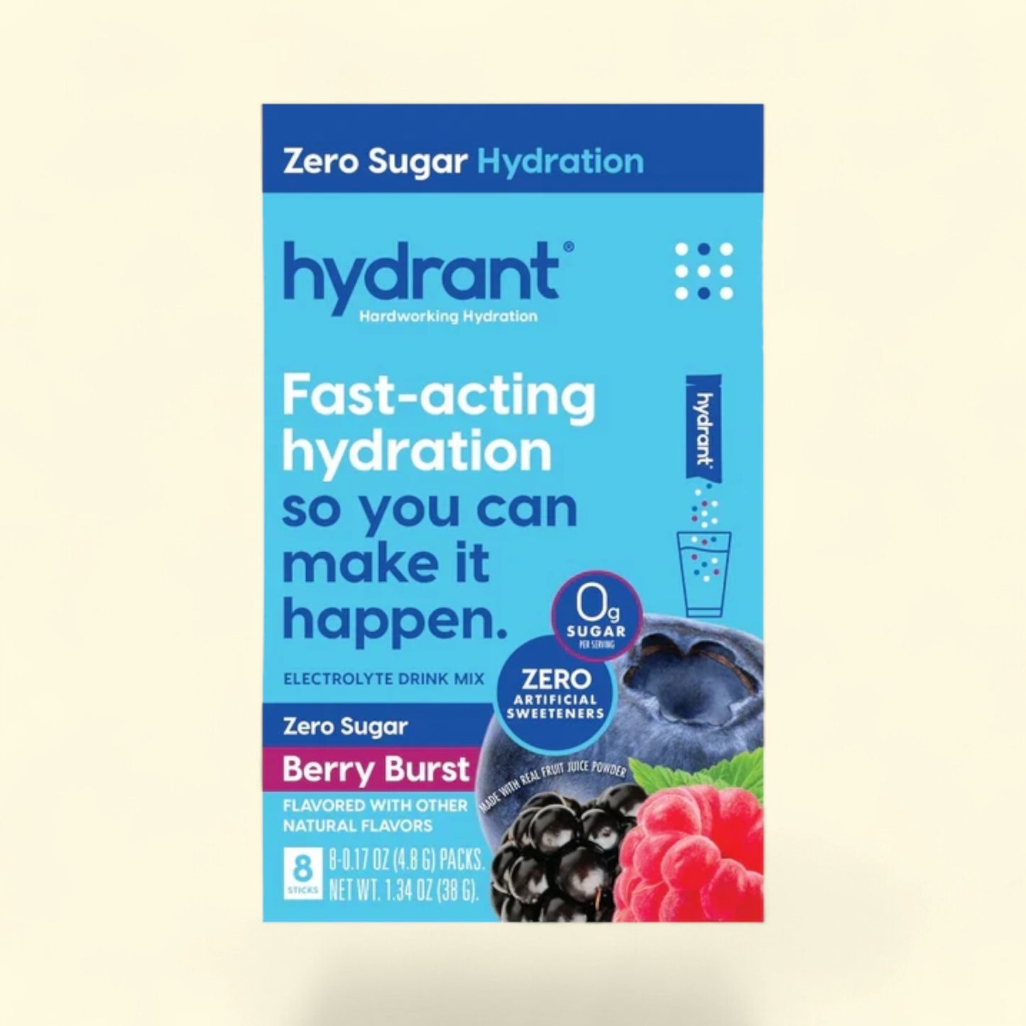 Treatspree Hydrant Zero Sugar Berry Burst electrolyte drink mix packets, 8 sticks, zero sugar, zero artificial sweeteners, fast-acting hydration.
