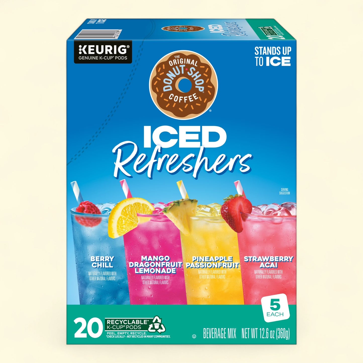 Treatspree The Original Donut Shop Iced Refreshers Variety Pack K-Cup Pods, 20 count, 4 flavors: Berry Chill, Mango Dragonfruit Lemonade, Pineapple Passionfruit, Strawberry Acai.