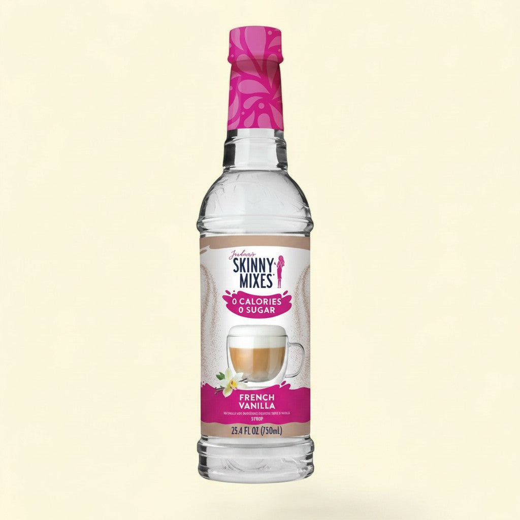 Treatspree Jordan's Skinny Mixes French Vanilla coffee syrup, 0 calories, 0 sugar, 12.7 fl oz bottle with a glass of coffee.