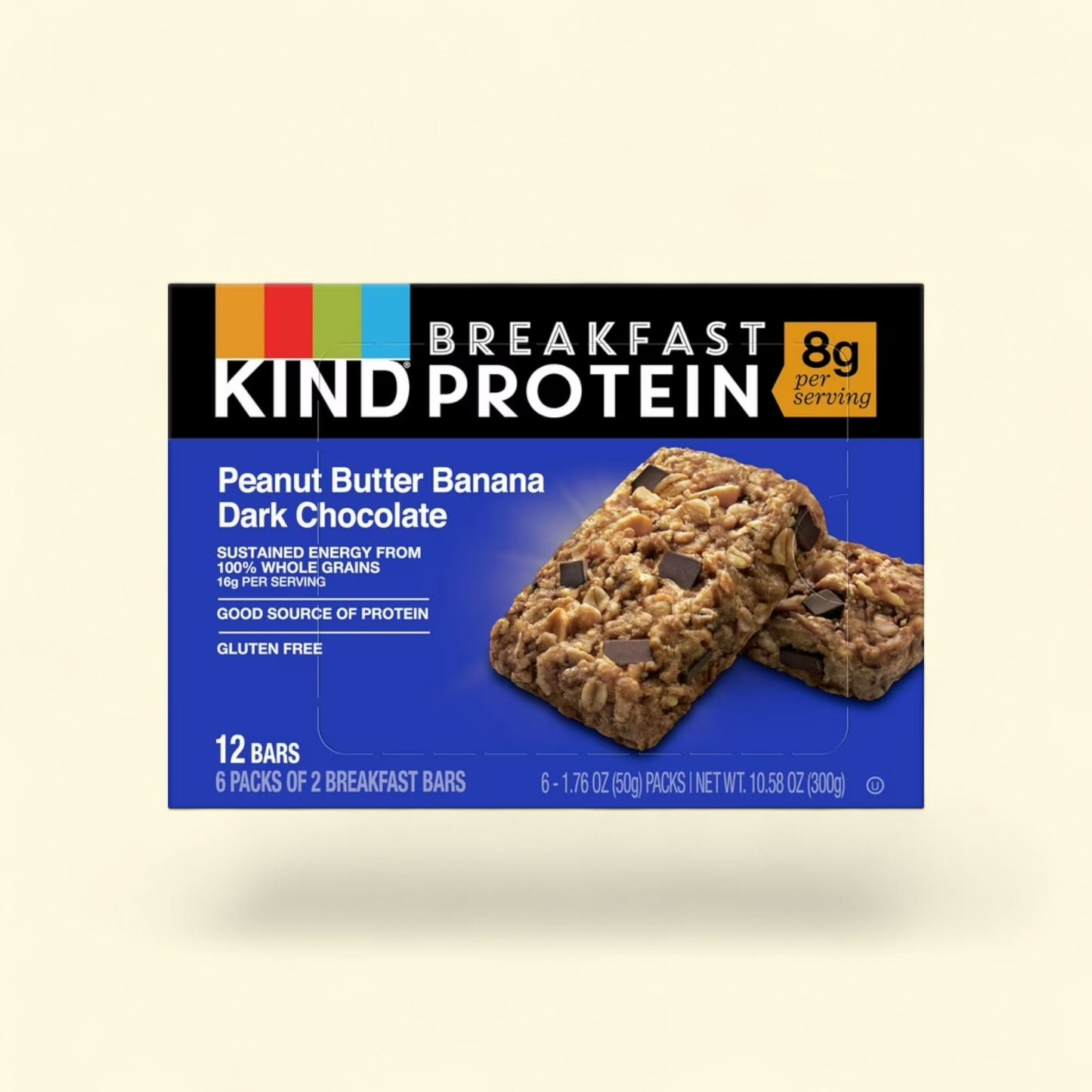 Treatspree Kind Breakfast Protein Peanut Butter Banana Dark Chocolate bars, made with whole grains and 8g protein per serving.