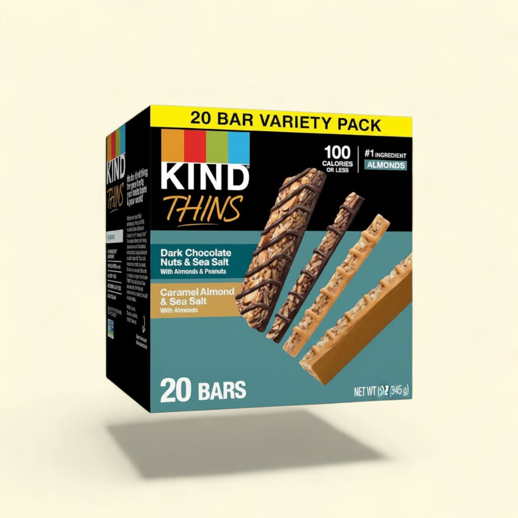 Treatspree KIND Thins Variety Pack with 20 bars, featuring Dark Chocolate Nuts & Sea Salt and Caramel Almond & Sea Salt flavors.