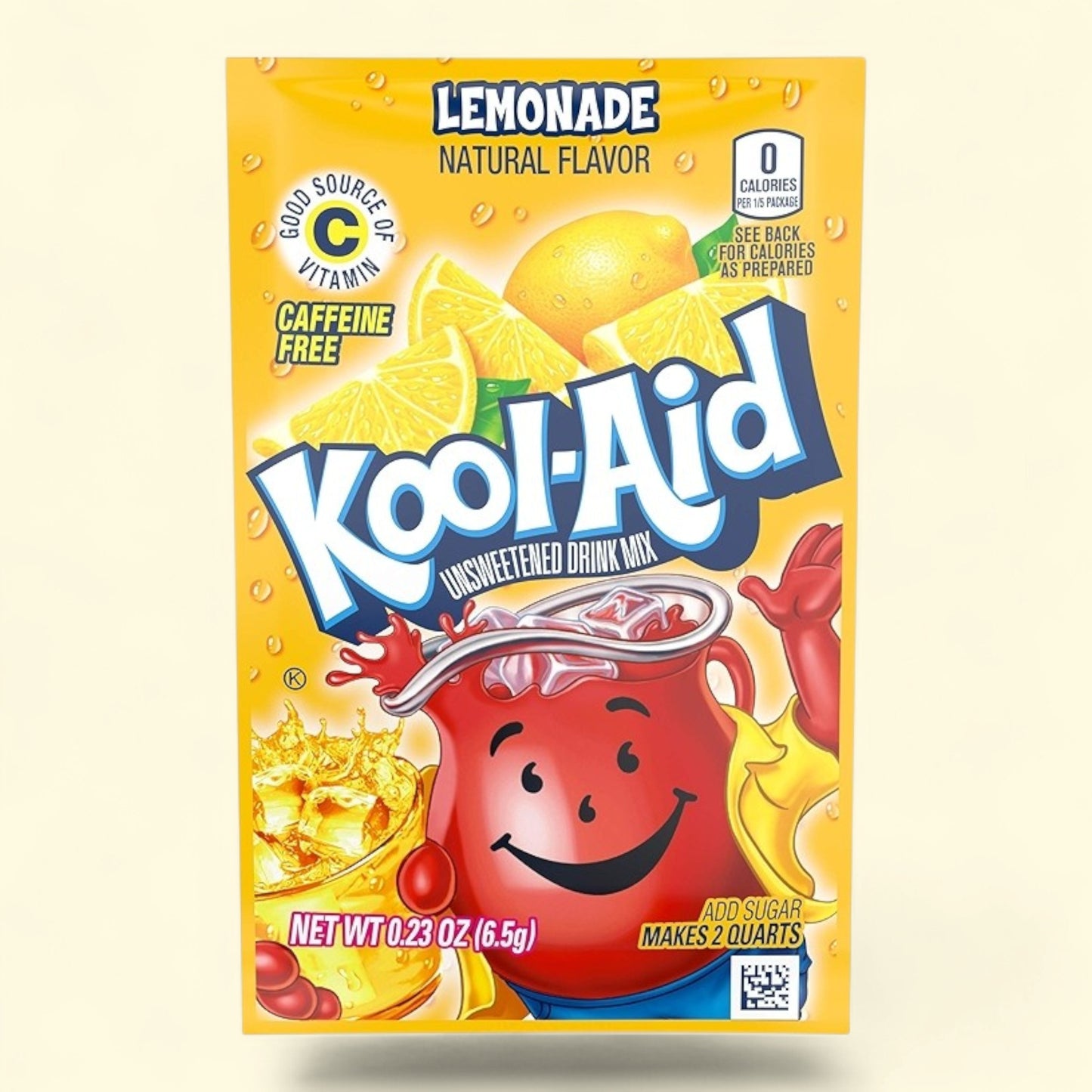 Treatspree Kool-Aid Zero Sugar Lemonade Drink Mix packet. Natural lemonade flavor, caffeine-free, good source of vitamin C. Makes 2 quarts.